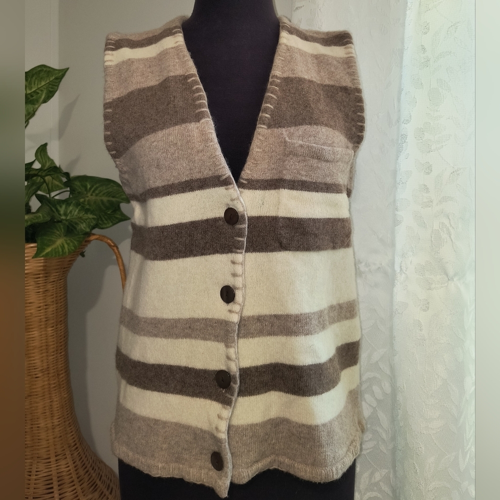 Vtg Lambswool Blend Striped Knit Stitch Detail Button Retro Vest Medium